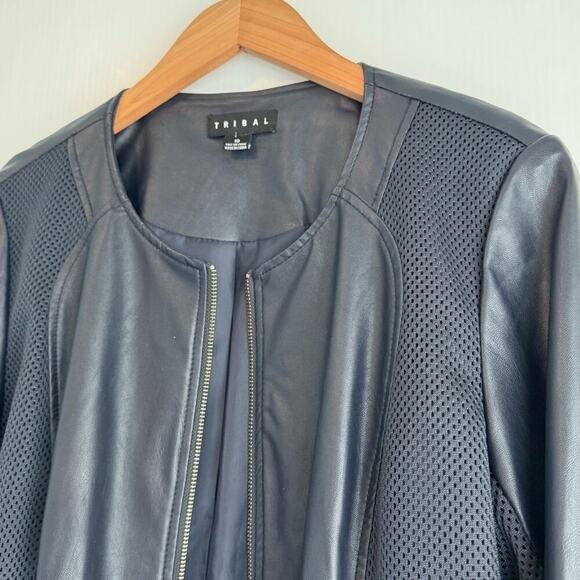 Tribal Navy faux leather jacket with mesh panels size 10 women’s full zip - Picture 5 of 10